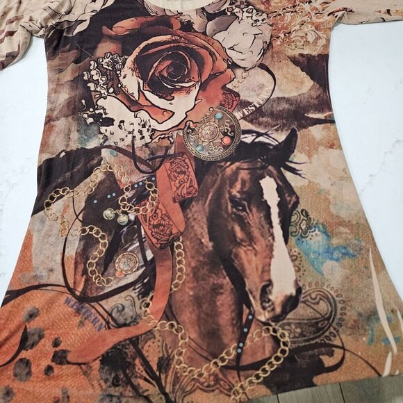 Fantazia Vintage Medium Boho Floral Dress Horse Western Cowgirl Tan Asymmetrical - Picture 2 of 8